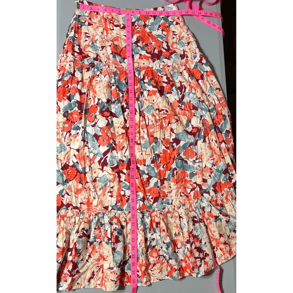 Luna Moon Floral Maxi Skirt Coral Teal Tiered Ruffle Eyelet Boho Women M - Picture 6 of 7